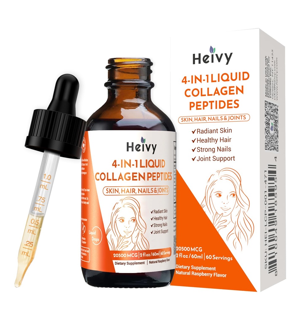 Hevy flydende kollagen til kvinder, flydende biotin & kollagen til strålende hud, hårvækst, stærke negle, fælles støtte, 20500 mcg 4-in-1 Collagen dråber, avanceret absorption, Raspberry Flavor - 2 FL OZ