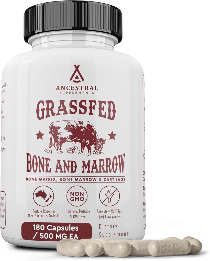 Ancestral Kosttilskud Græs Fed Oksekød Bone og Marrow Supplement, 3000mg, Hud, Oral Health, og fælles Support, fremmer Whole- Body Wellness, Ikke GMO hele ben ekstrakt, 180 Kapsler
