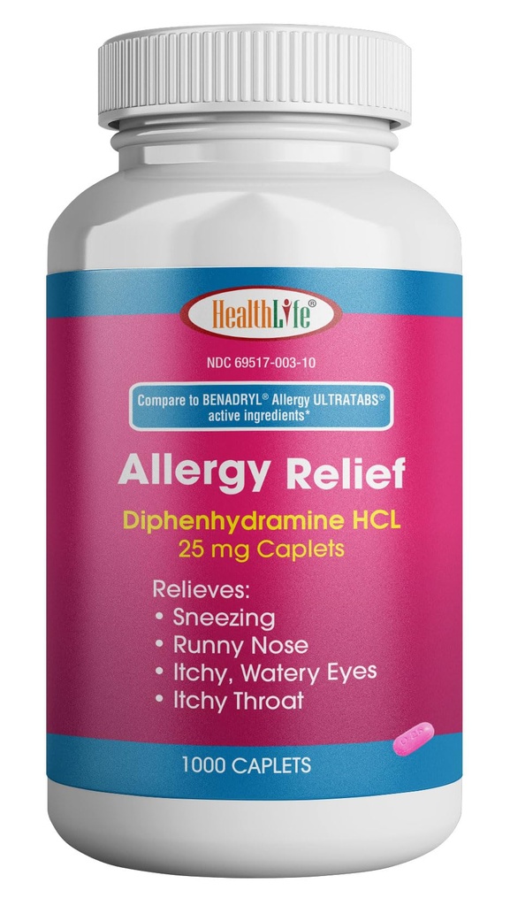 SUNDHED LFE Allergi Relief, Medicin Diphenhydramin HCl Caplets, 25 mg • 124; Børn og voksne • 124; Relieves Nysen, Runny Næse, Hay Fever Symptomer, Itchy Eyes and Throat (Stor, 1000 Greve)