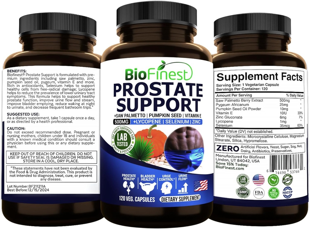 BioFinest Prostate Support til mænd - Saw Palmetto Lycopene Pumpkin Seed Pygeum Zink Selenium - Sund urin Flow Blow Prostata Vitamin supplement - Lavet i USA (120 Veg. Capsule)