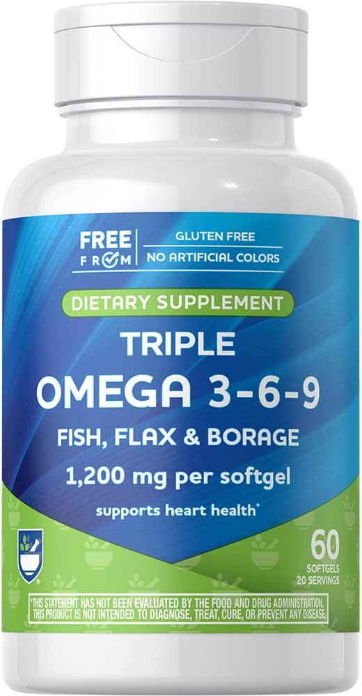 Rite Aid Triple Omega 3, 6, 9 Softgels - 60 Count Fish Oil til at støtte en sund hjerte, DHA og EPA, Flaxseed og Borage Oil