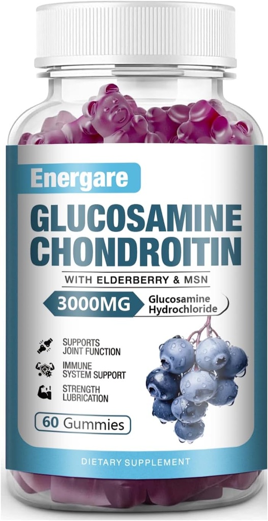 1 Pack 3000mg Glucosamin Chondroitin med MSM Gummies & Elderberry, Extra Strength Joint Support Health, Fleksibilitet, Antioxidant, Immunsupplement Gummy til voksne, Mænd & Kvinder 60 Counts