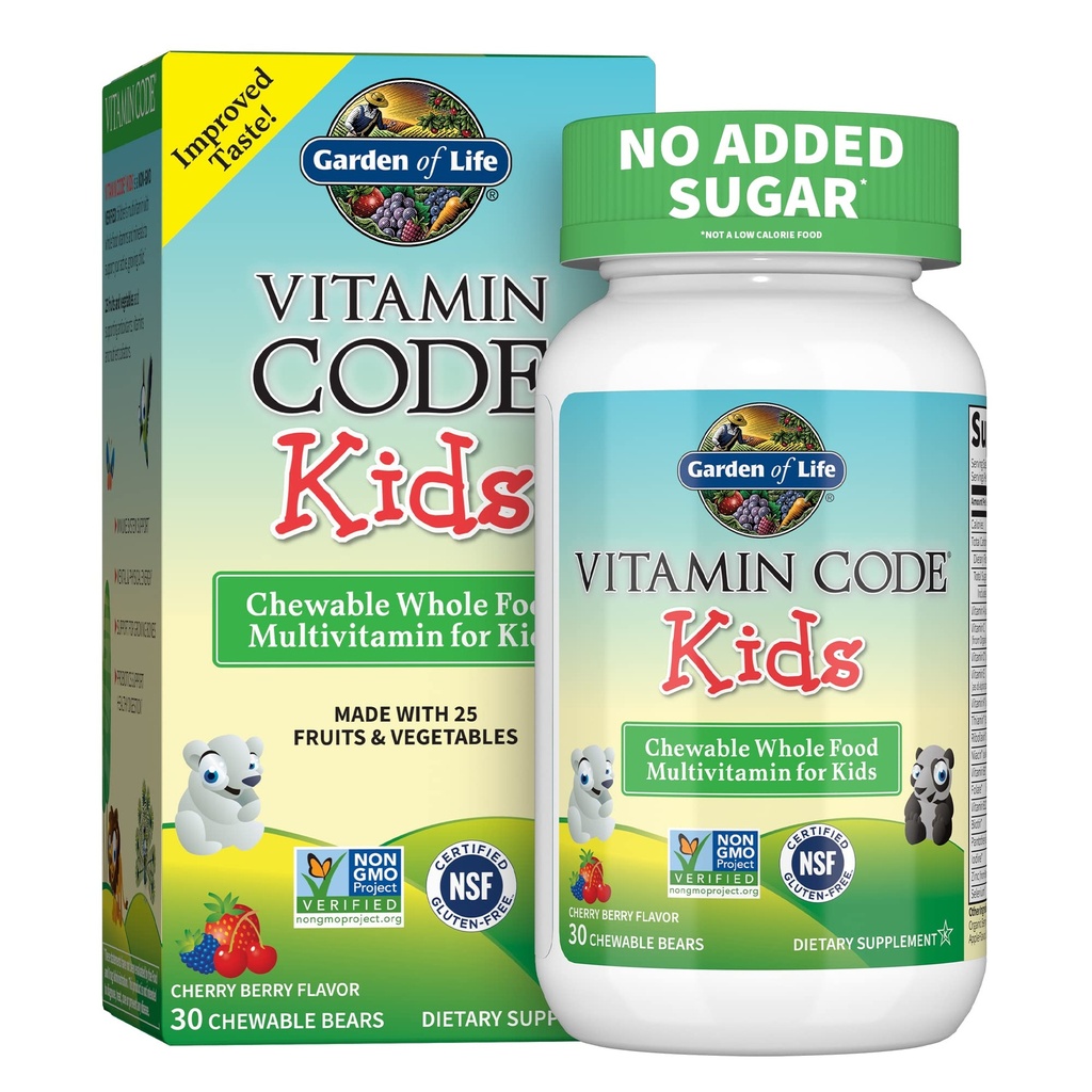 Livets vegetariske multivitamintilskud til børn - Vitamin Code Kids Chewable Raw Whole Food Vitamin med Probiotika, 30 Chewable Bears