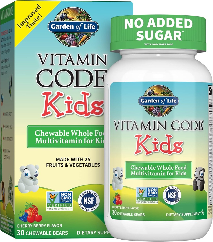 Livets vegetariske multivitamintilskud til børn - Vitamin Code Kids Chewable Raw Whole Food Vitamin med Probiotika, 30 Chewable Bears