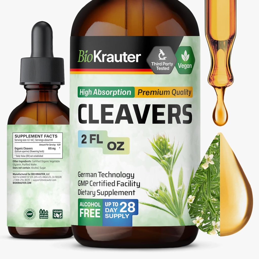 BIO KRAUTER Cleavers Tinktur - Cleavers Herb Liquid Extract - Natural Detox - Alkohol og Sukker Free - Vegan Extract 2 Fl.Oz.