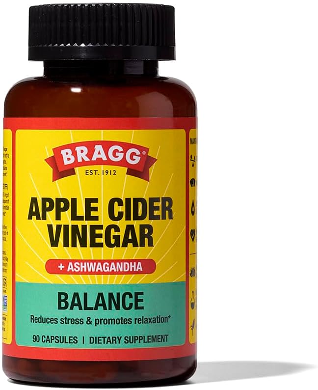 Bragg Daily Balance Apple Cider Vincils and Sensoril Ashwagandha Capsules - 750mg af eddikesyre - Energy & Weight Management Support - (90 piller)
