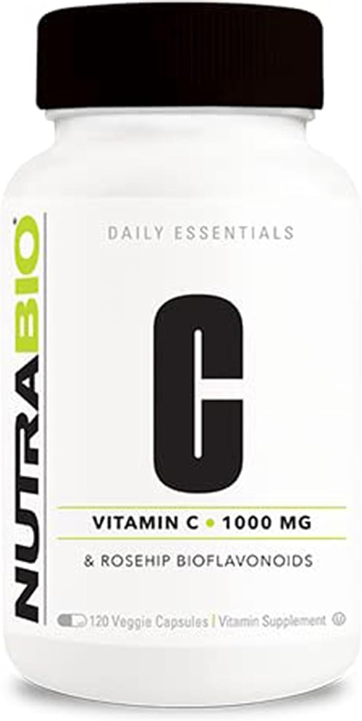 Nutrabio C-vitamin med Rose HIPS - understøtter sunde knogler, tænder og tandkød, immunfunktion - ingen fyldstoffer eller hjælpestoffer - (120 kapsler, 1000 mg C-vitamin pr. kapsel)