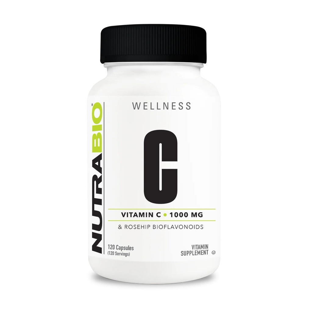 Nutrabio C-vitamin med Rose HIPS - understøtter sunde knogler, tænder og tandkød, immunfunktion - ingen fyldstoffer eller hjælpestoffer - (120 kapsler, 1000 mg C-vitamin pr. kapsel)