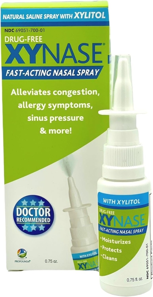 Xynase ® Natural Saline Nasal Spray med Xylitol (0,75 fl oz) - Gentle Relief for Congestion, Allergier, og Sinus Tryk, Sikker for alle aldre