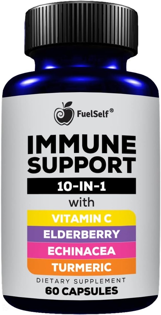 Immunstøtte Booster tillæg med Elderberry, C-vitamin, Echinacea, Gurkemeje Curcuminoids, E-vitamin, B6-vitamin, zink, L-glutamin HCL, hvidløg, Lactobacillus Acidophilus:: 60 Greve, 1 pakke