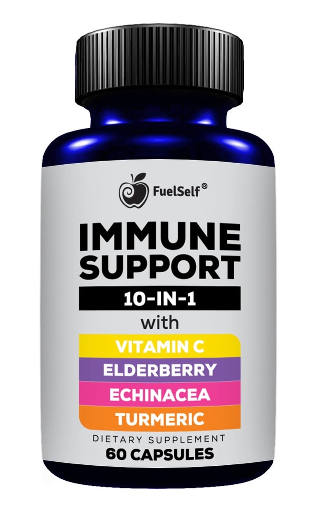 Immunstøtte Booster tillæg med Elderberry, C-vitamin, Echinacea, Gurkemeje Curcuminoids, E-vitamin, B6-vitamin, zink, L-glutamin HCL, hvidløg, Lactobacillus Acidophilus:: 60 Greve, 1 pakke
