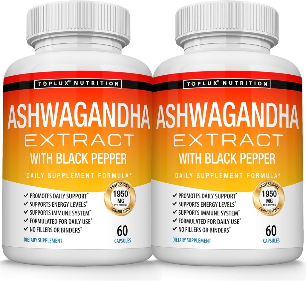 Organic Ashwagandha Root Powder Pills 1950 Mg med sort peber ekstrakt - Pure Natural Ashwagandha tillæg, Support Energy, for mænd kvinder, 60 kapsler