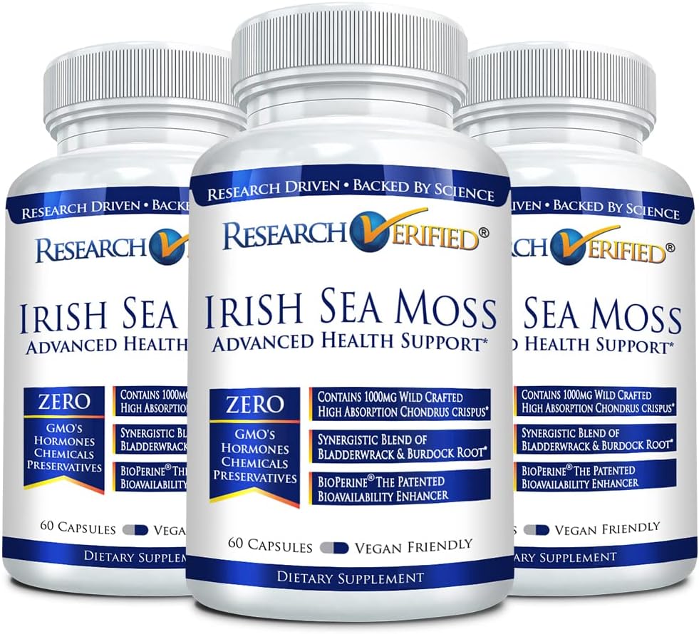 Forskning Verified Irish Sea Moss - Bladderwrack, Burdock, BioPerine - Rich in Prebiotics - Boost Immunity, Hjælp fordøjelse - 180 kapsler - Vegan - Made in USA