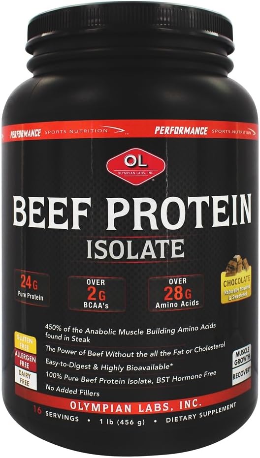 Olympian Labs Beef Protein Isolate Powder, 24g Protein, BST Free, 2 Grams BCAA 's, Muscle Building Aminosyrer, 1 Pound, Smagsfyldt med Real Chocolate