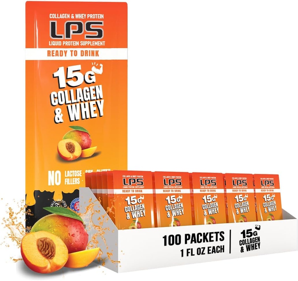 Ernæringsmæssige designs LPS flydende collagen & whey protein supplement - non-GMO drik, sukkerfri - fremmer sund hud & hår til mænd & kvinder, Peach Mango, Single Serve (100 Pakker)