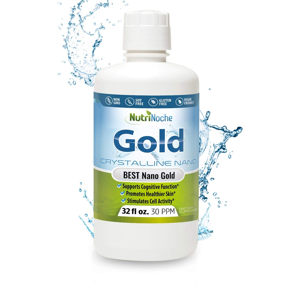 Kolloid guld flydende organisk supplement af Nutrinoche - 100% Pure Nano Gold Mineral - Understøtter Mental Klarhed, Focus & Afslapning - 32 oz flaske - Vegan, Gluten- Free - Krystalline- 30 ppm