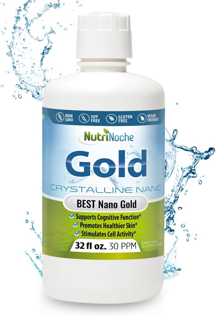 Kolloid guld flydende organisk supplement af Nutrinoche - 100% Pure Nano Gold Mineral - Understøtter Mental Klarhed, Focus & Afslapning - 32 oz flaske - Vegan, Gluten- Free - Krystalline- 30 ppm