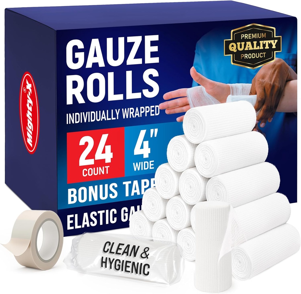 Gauze Rolls - 24 Pack - 4 "x 4.1yd Breathable Rolled Gauze - individuelt indpakket med Bonus Tape - Førstehjælp Conforming Stretch Wrap for Wounds - Mor Wrap