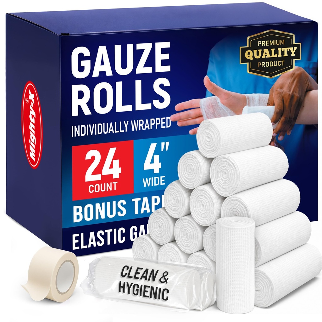 Gauze Rolls - 24 Pack - 4 "x 4.1yd Breathable Rolled Gauze - individuelt indpakket med Bonus Tape - Førstehjælp Conforming Stretch Wrap for Wounds - Mor Wrap