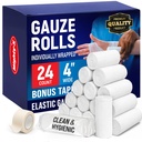 Gauze Rolls - 24 Pack - 4 "x 4.1yd Breathable Rolled Gauze - individuelt indpakket med Bonus Tape - Førstehjælp Conforming Stretch Wrap for Wounds - Mor Wrap