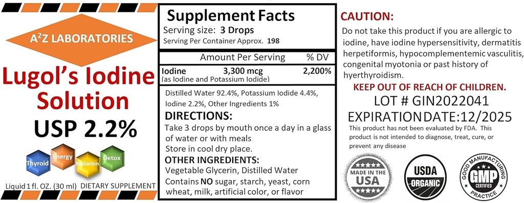 Generisk A2Z Organic Lugol 's Jod og Kalium Iodide 2, 0% opløsning, 1 Fl Oz - flydende supplement dråber til Thyroid Support, Detox, Metabolisme, Made in USA