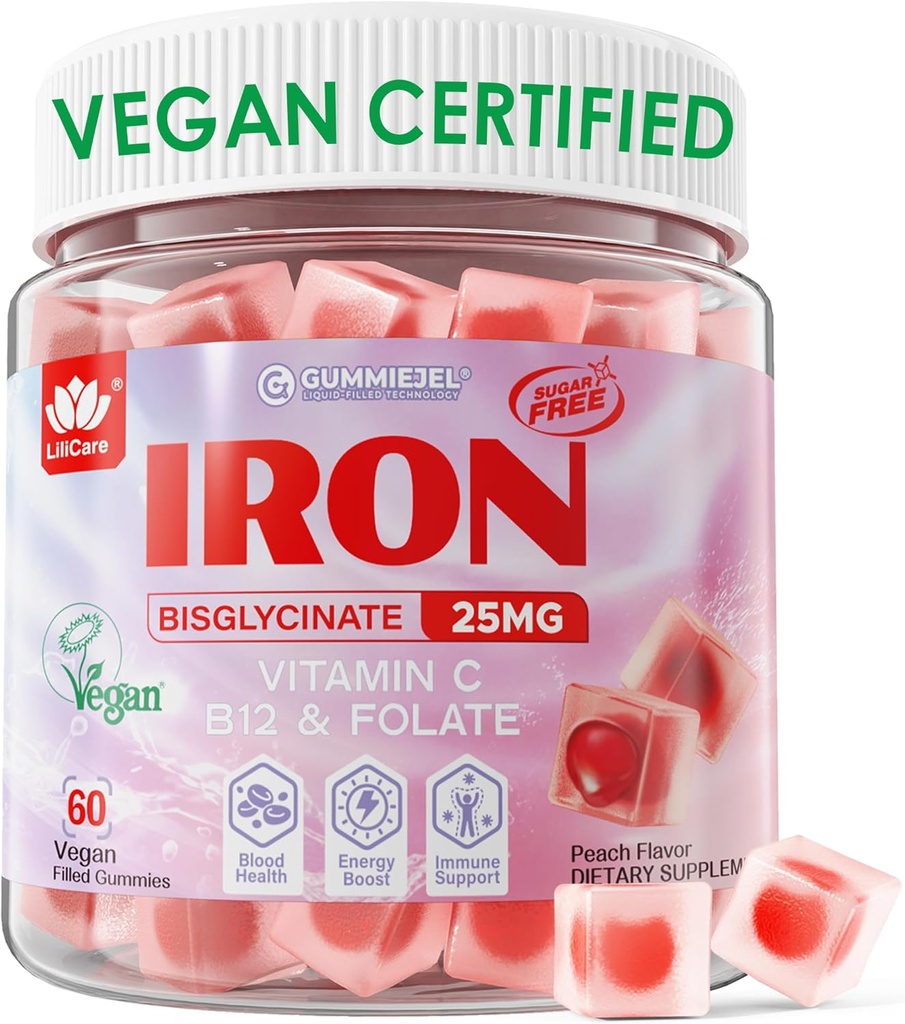 Iron Gummies for Women 25mg Plus C-vitamin, Beet Root, B12-vitamin, Folate for Iron Dificiency, Anæmi, Energy Boost, Sugar Free Iron Supplement, Non- Constipating, No After Taste, 60 Cts