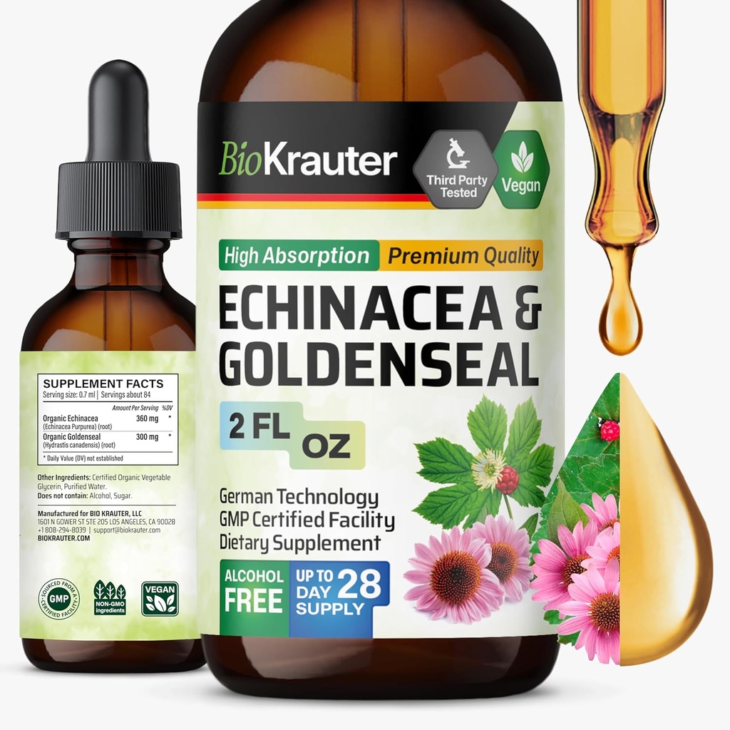 BIO KRAUTER Echinacea og Goldenseal Root Liquid Extract - Naturlig immunforsvar - Echinacea Drops med Goldenseal - Vegan, Alkohol & Sukker Free Tinktur - 2 Fl.Oz.