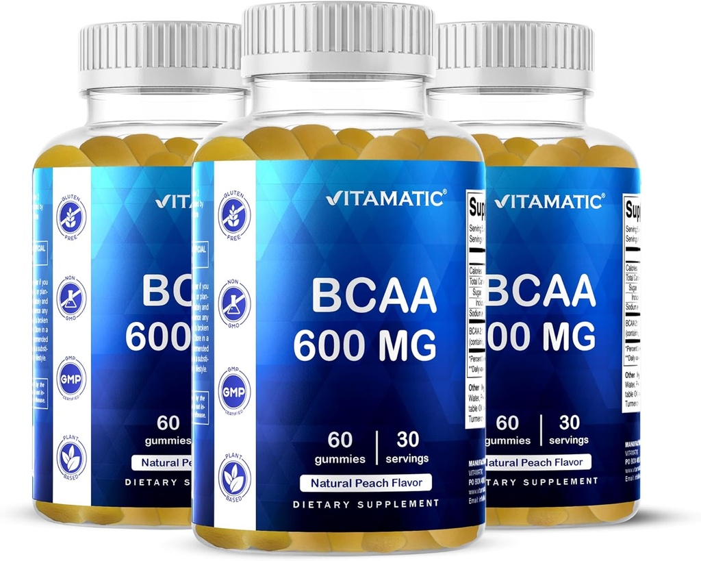 Vitamatisk BCAA Gummies - Branch Chain Aminosyretilskud - Peach Flavor - 600mg per servering - 60 Vegan Pectin baseret Gummies (3 flasker)