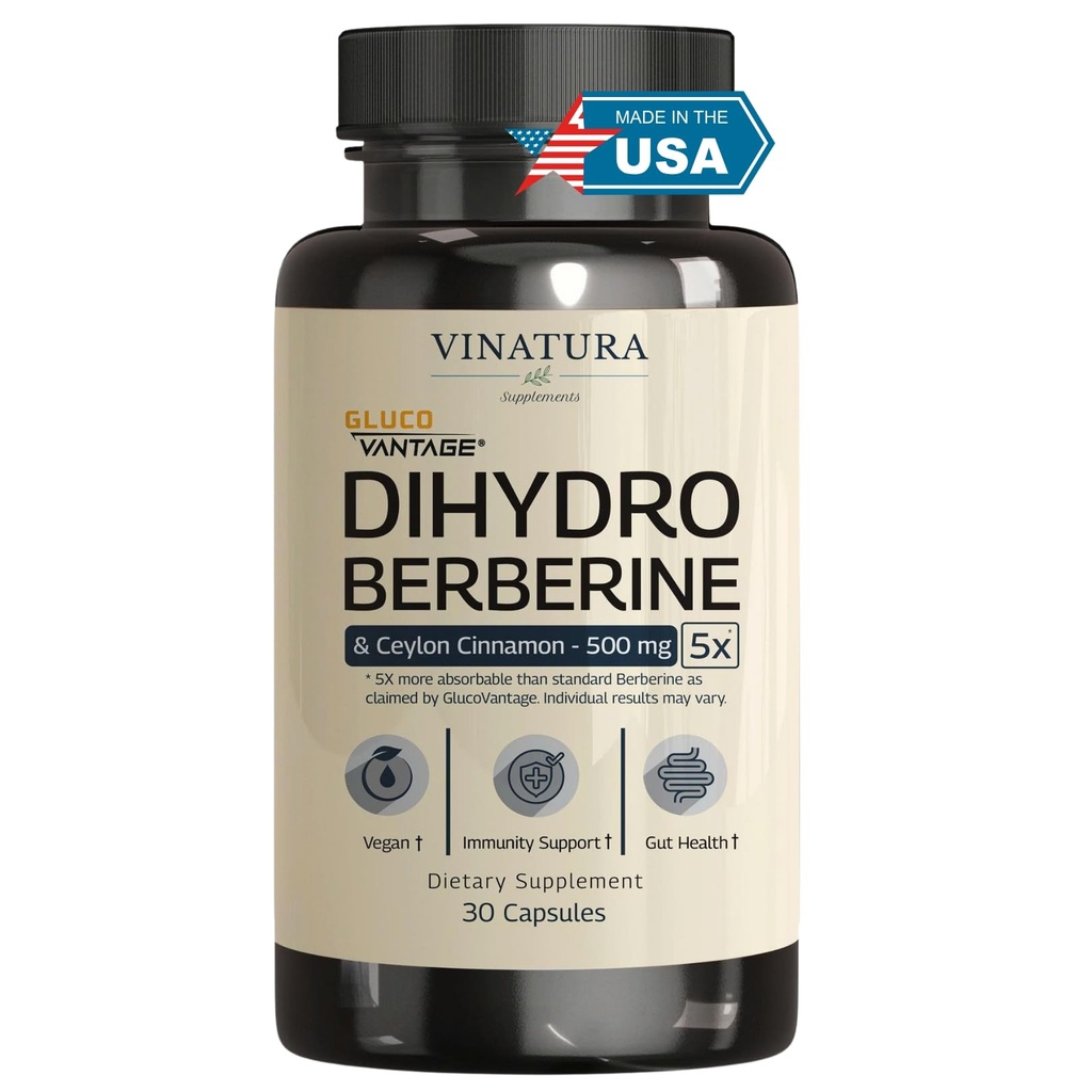 VINATURA Dihydroberberine tillæg med Ceylon Cinnamon, 500mg - (Patenteret GlucoVantage Super Berberine), Måske Berberine 5X Mere absorberbar - 30 kapsler