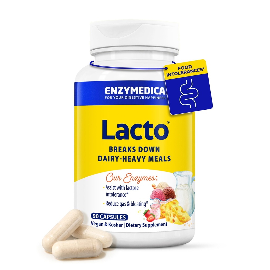 Enzymedica Lacto, Advanced Lactase Pills for Dairy Support, Hjælper Break Down Lactose, Casein & Fat, Dairy Relief Pills, Vegan, 90 Kapsler