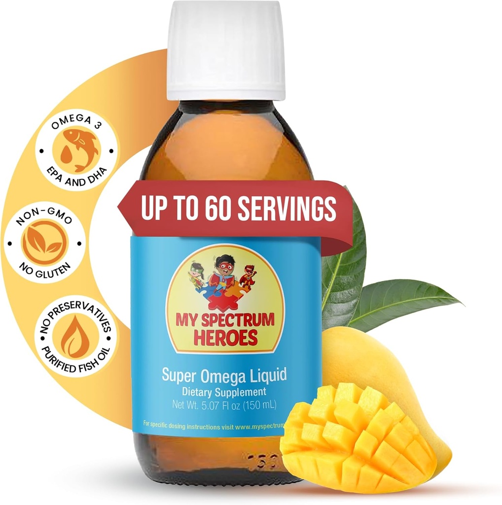 Min Spectrum Heroes Fish Oil Supplement for børn - Omega 3 for Neurale Assistance, Betændelse og immunforsvar - EPA & DHA for hjerne & øje sundhed - Kids & Voksen Væske Supplement - 5.07oz (150ml)