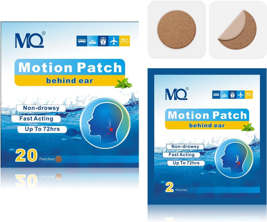 MQ 20ct Motion Sygdom Patches, mørk farve, Sea Sygdom Patches Non Drowsy & Vandtæt, Cruise Ship Travel Essentials, Hurtig fungerende & lang holdbarhed 72H