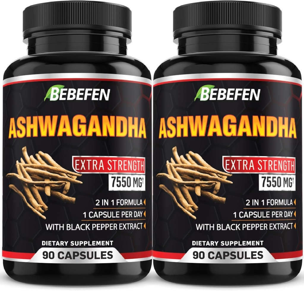 BEESENAshwagandha kapsler - 7550mg Formel piller med sort peber ekstrakt - 90 Kapsler Ashwagandha supplement til energistøtte - 3 måneders forsyning (pakke med 2)