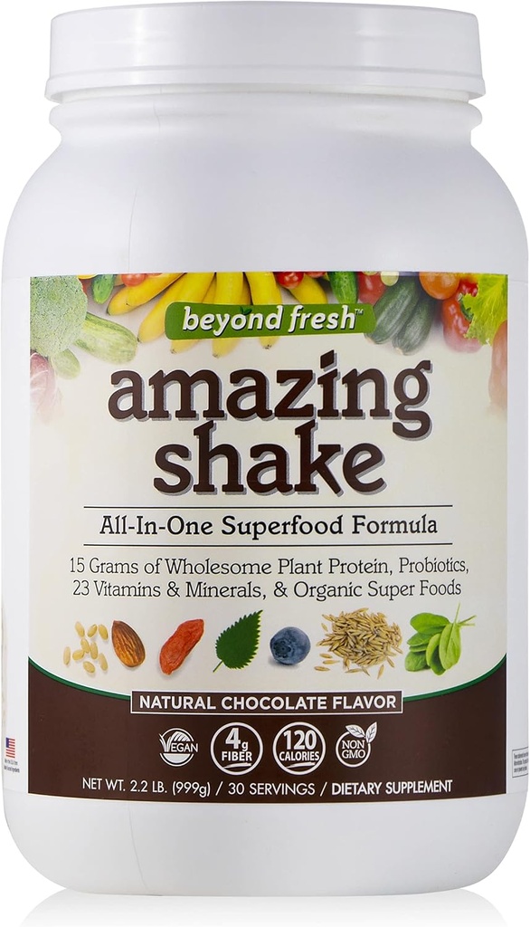 Beyond Fresh Amazing Shake, Superfood Formula, Plant Protein Based, Low Net Carbs, Wholefood Protein, Meal Replacement, Natural Chocolate Flavor, 999 Grams, White
