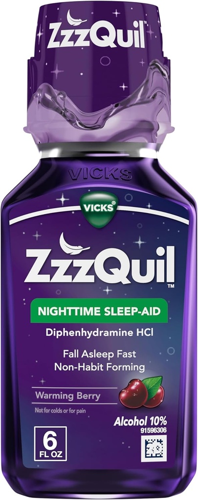 ZzzQuil, Nighttime Sleep Aid Liquid, 50 mg Diphenhydramine HCl, No.1 Sleep Aid Brand, Fall Asleep Fast, Non-Habit Forming, Warming Berry Flavor, 6 FL OZ