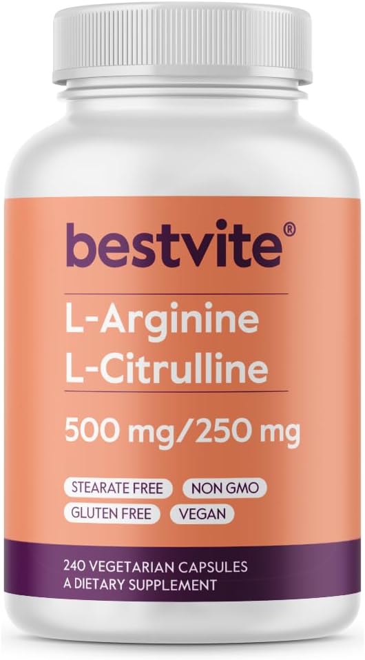 BESTVITE L- Arginin L- Citrullin 500mg / 250mg Vegan (240 vegetariske kapsler) - Ingen stearater - Ingen dicalciumphosphat - Ikke GMO - Gluten Free