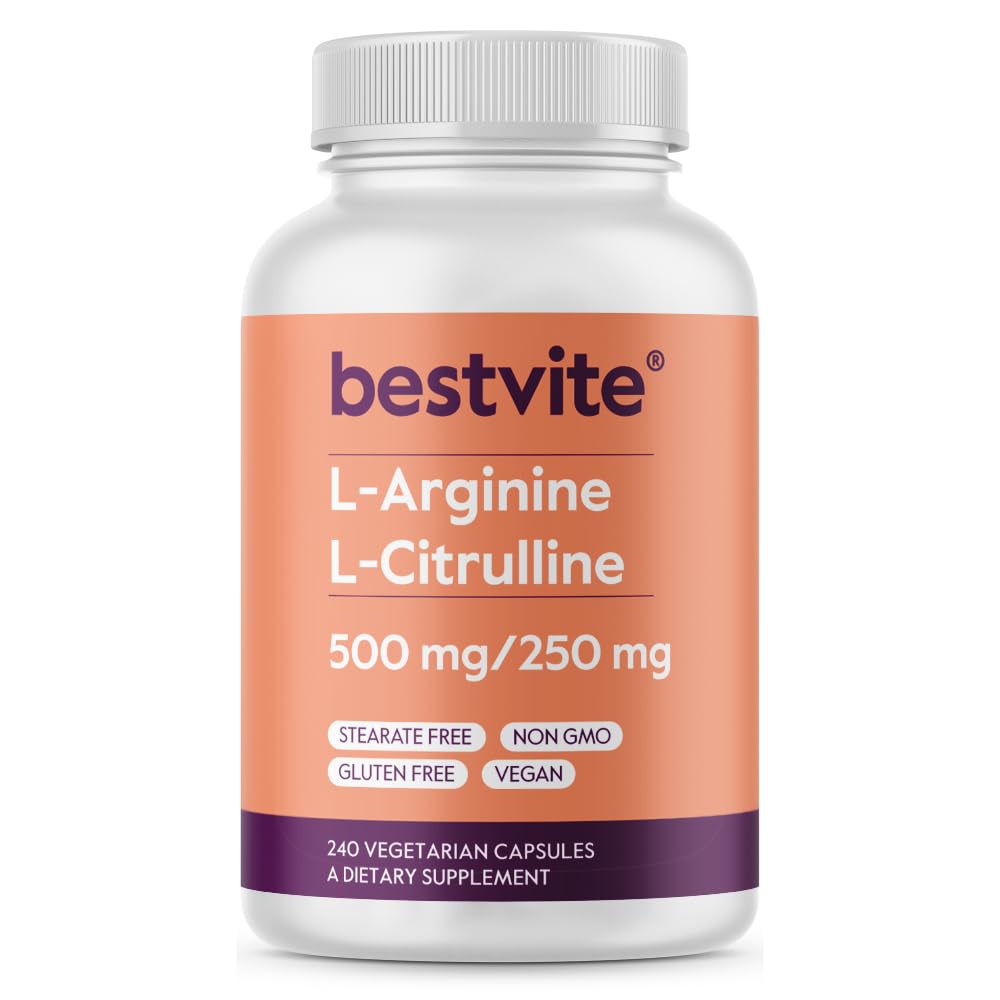 BESTVITE L- Arginin L- Citrullin 500mg / 250mg Vegan (240 vegetariske kapsler) - Ingen stearater - Ingen dicalciumphosphat - Ikke GMO - Gluten Free