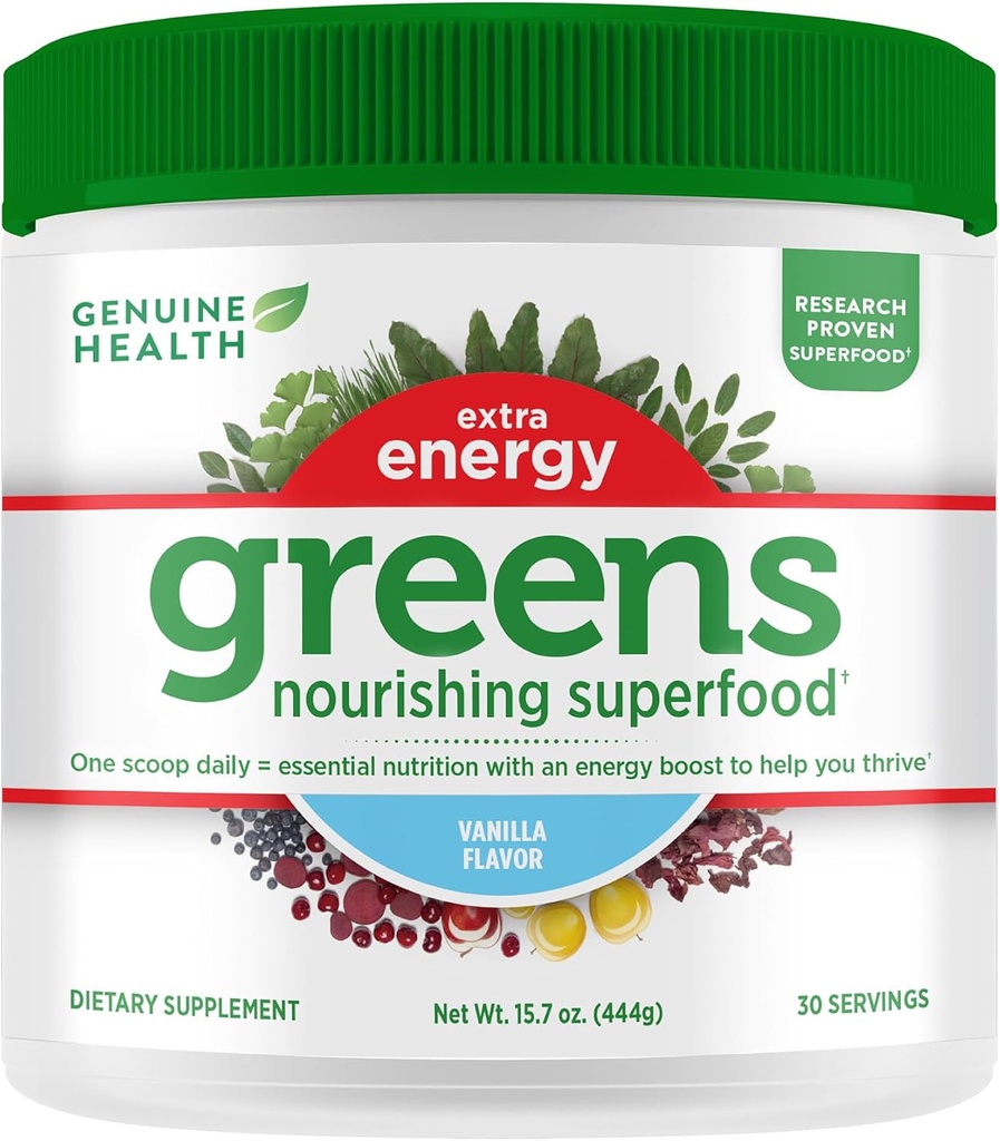 Ægte sundhed Grønne + ekstra energi Superfood Powder, Giver en øjeblikkelig energi Boost & Understøtter Gut Sundhed, Vanilla Flavoured, 30 Servering