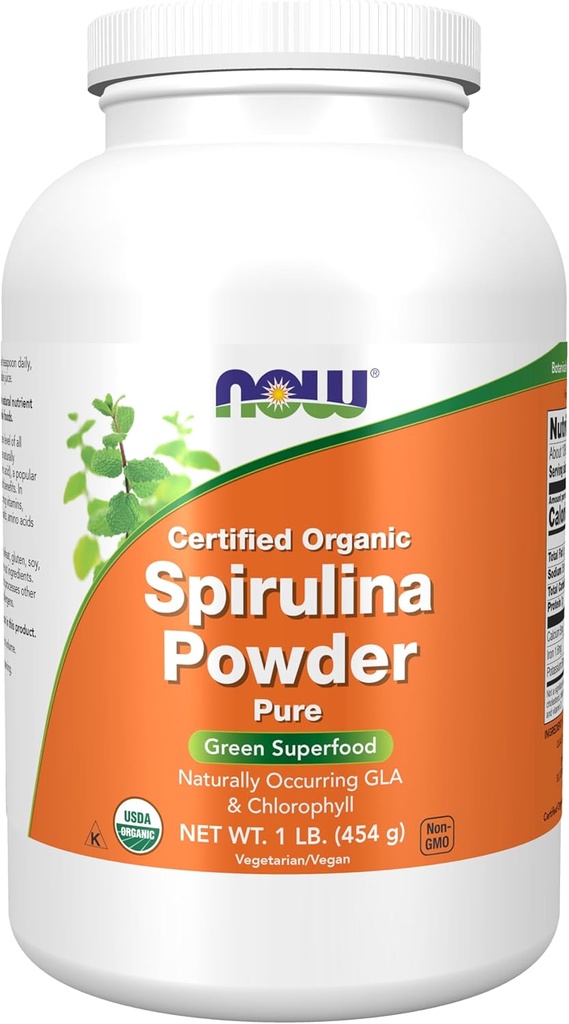 Now Foods Supplements, Certified Organic, Spirulina Powder, Rich in Beta- Caroten (Vitamin A) og B- 12 med naturligt forekommende GLA & Chlorophyll, 1- Pound