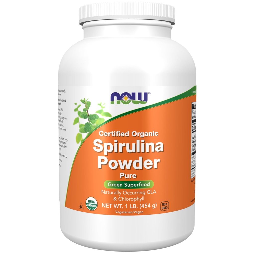 Now Foods Supplements, Certified Organic, Spirulina Powder, Rich in Beta- Caroten (Vitamin A) og B- 12 med naturligt forekommende GLA & Chlorophyll, 1- Pound