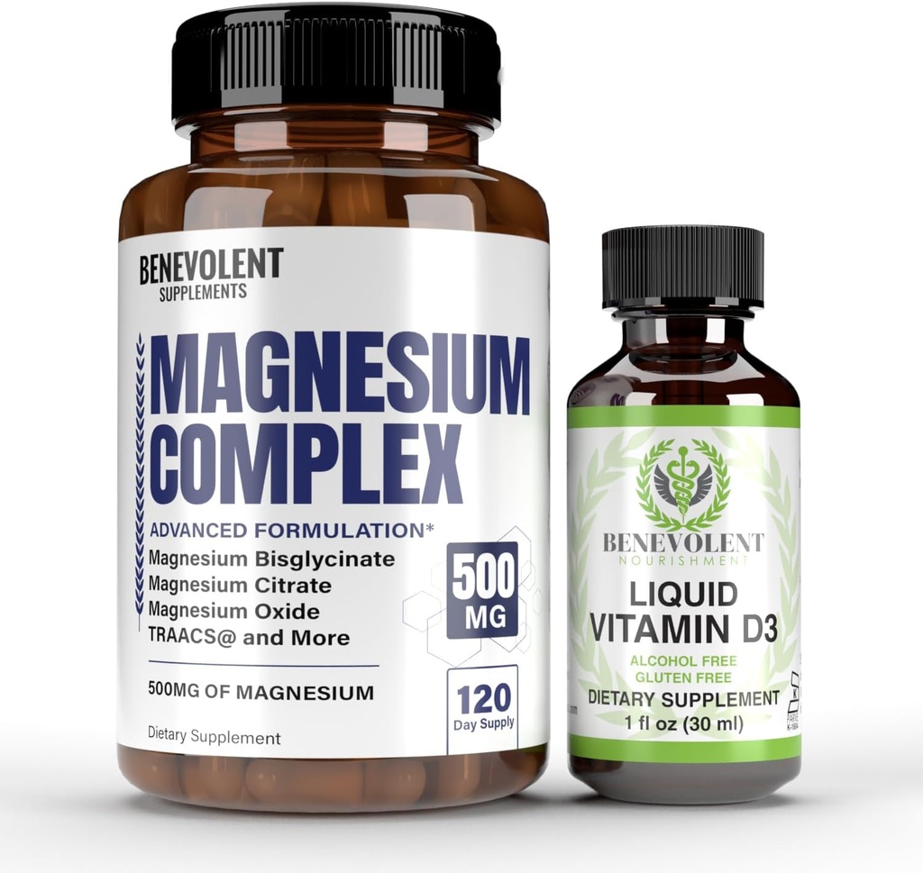 Magnesiumkompleks med 5 bedste former og flydende vitamin D3 5000 IE Bundle - 4 måneders levering af 500mg Magnesiumglycinat, oxid, taurat, chelat, magnesiumcitrat - sove- og immunstøtte