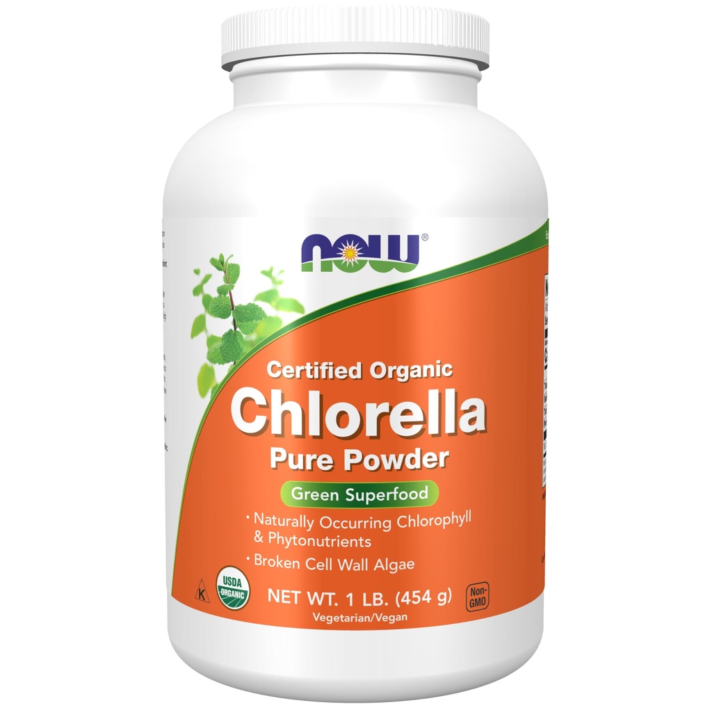 Now Foods Supplements, Organic Chlorella Pulver med naturligt forekommende chlorophyll, beta- caroten, blandede carotenoider, C-vitamin, jern og protein, 1- pound