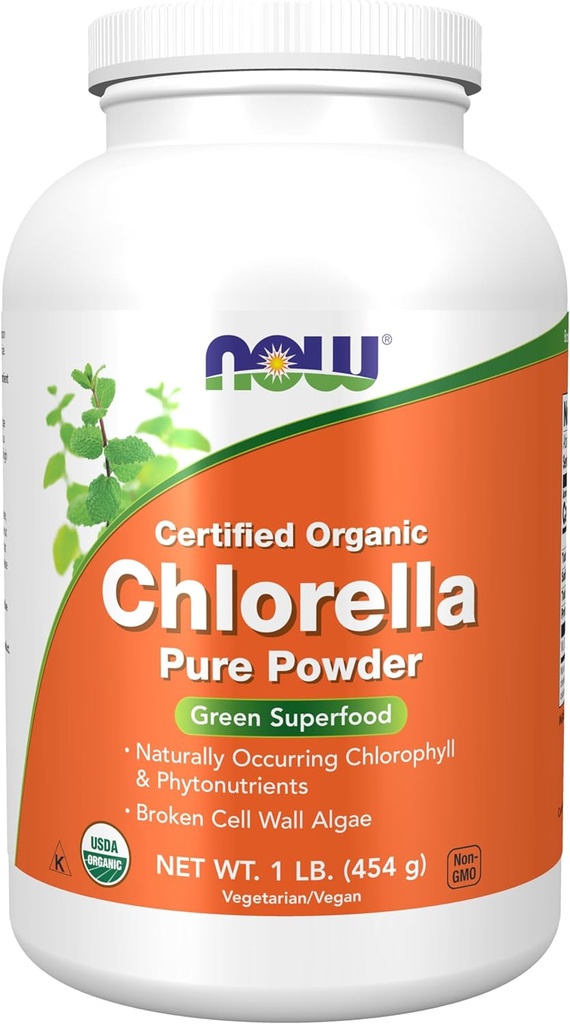 Now Foods Supplements, Organic Chlorella Pulver med naturligt forekommende chlorophyll, beta- caroten, blandede carotenoider, C-vitamin, jern og protein, 1- pound