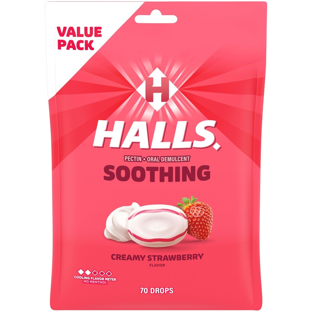 HALLS Throat Southing (Tidligere HALLS Breezers) Cremet Strawberry Throat Drops, Economy Pack, 70 Drops