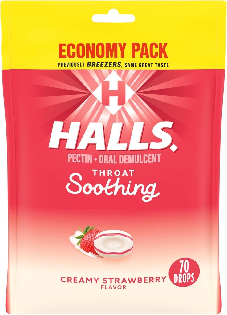 HALLS Throat Southing (Tidligere HALLS Breezers) Cremet Strawberry Throat Drops, Economy Pack, 70 Drops