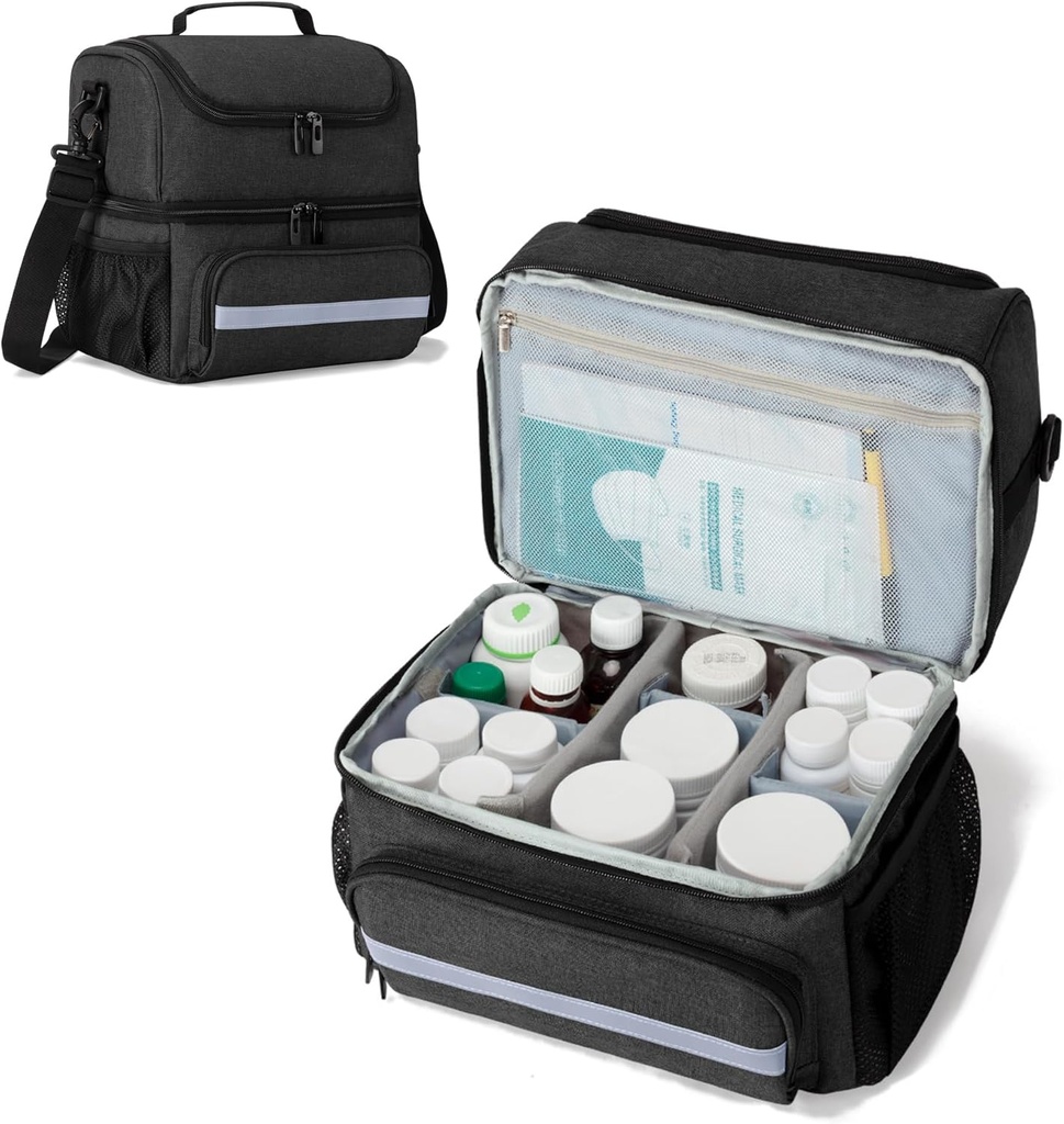 CURMIO Medicine Storage Bag, Double Layer Pill Flaske Organizer med Indre Dividers for Medicin, Vitaminer, receptpligtige Flasker, Medicinske forsyninger, Sort (Patent Design)