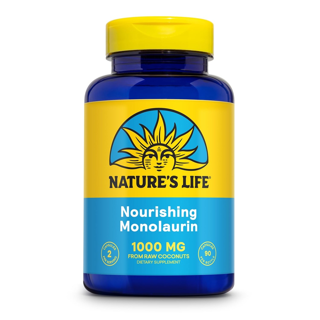 Nature 's Life Monolaurin 1000 mg, Nærende Monolaurin fra Natural Raw Coconut, Immun Support, Gut Health, Balanceret Gut Flora, 60- Day Garanti, 45 Servering, 90 Vegetariske Kapsler