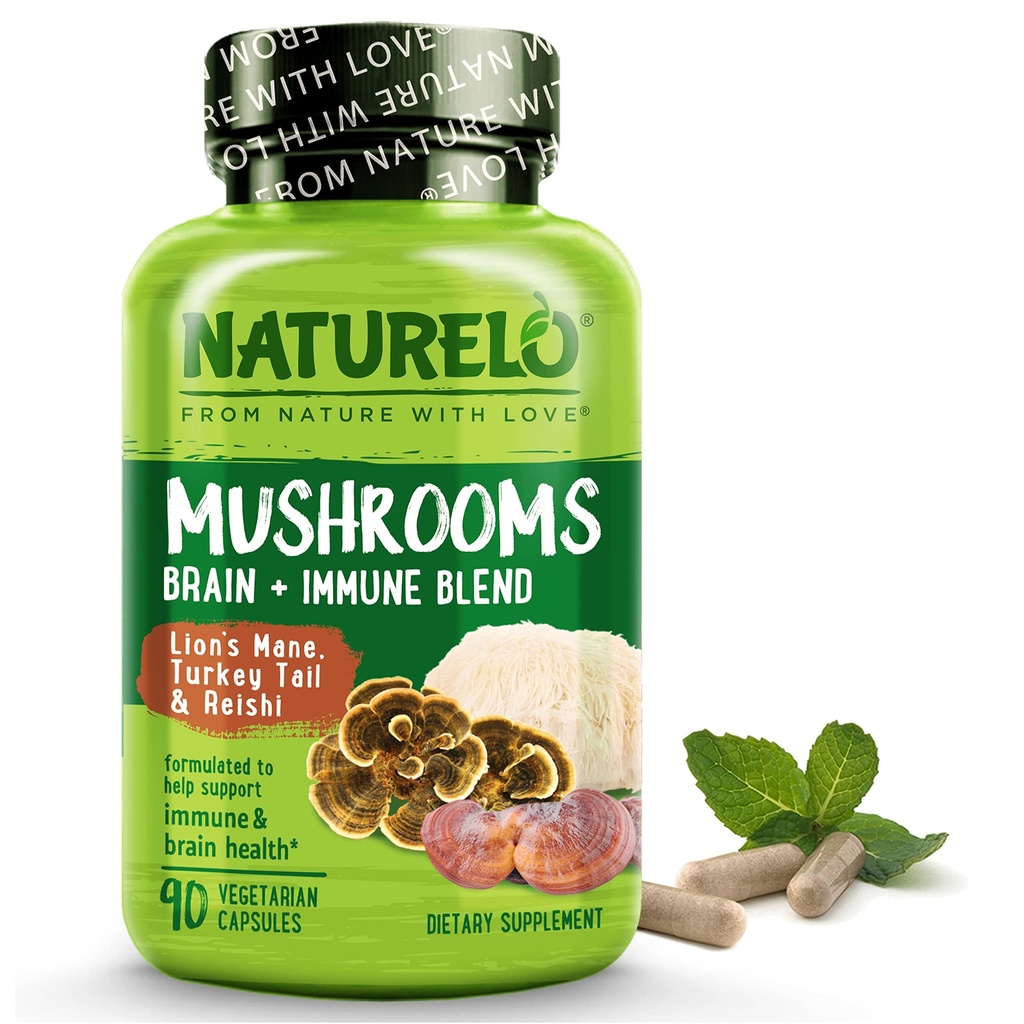 NATURELO champignon supplement Brain & immunsundhed blend med løve s Mane, Reishi, Tyrkiet Tail 90 Vegansk venlige kapsler