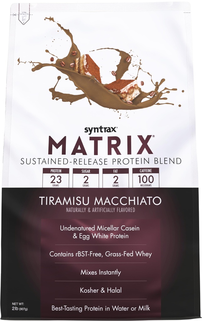Syntrax Nutrition Matrix - Vedvarende frigivelse Protein Blend, Tiramisu Macchiato 2 lbs. 100 mg koffein