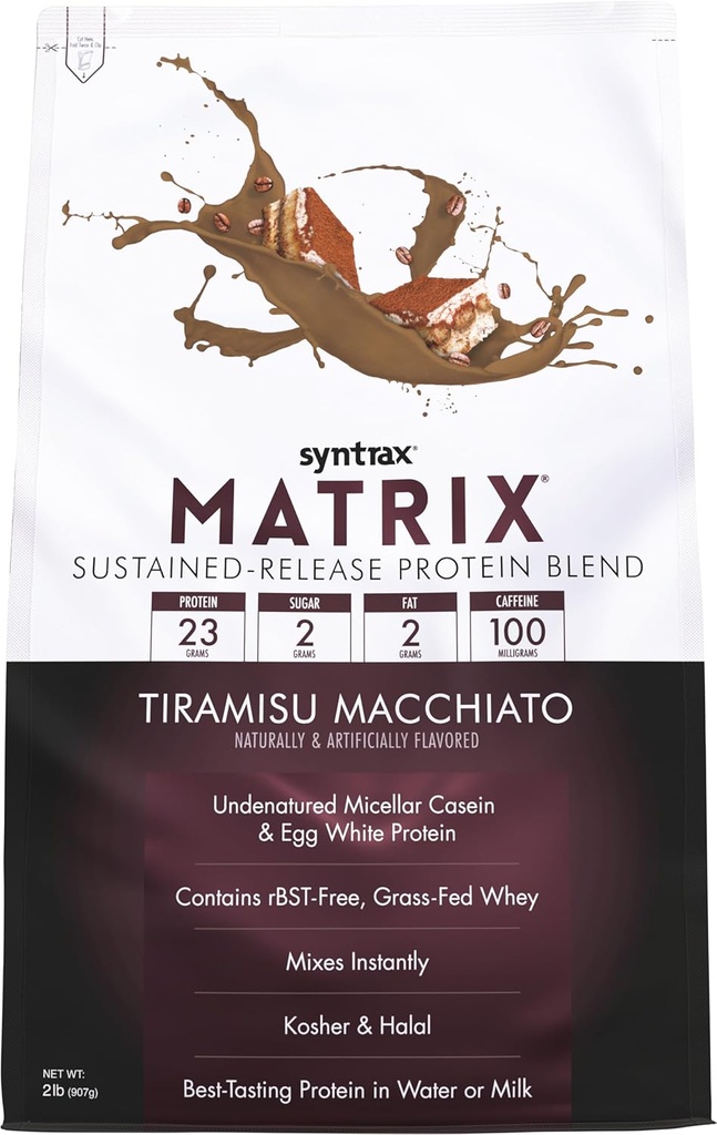 Syntrax Nutrition Matrix - Vedvarende frigivelse Protein Blend, Tiramisu Macchiato 2 lbs. 100 mg koffein